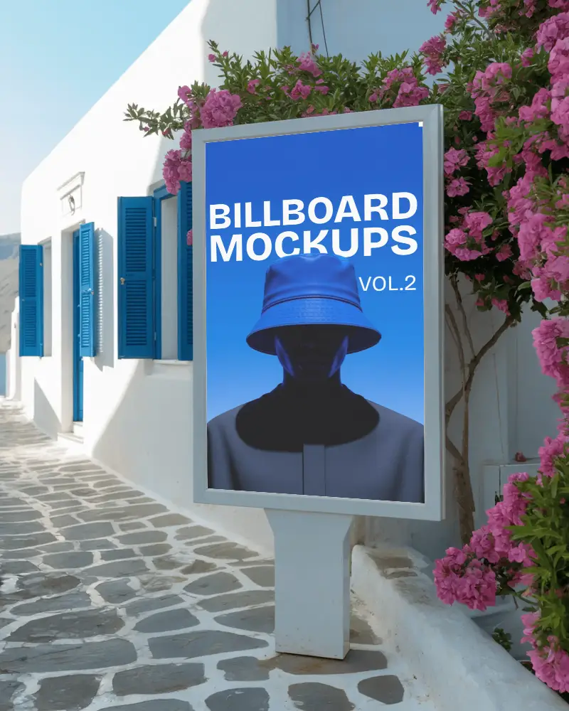 greek-island-outdoor-street-billboard-mockup-white-walls-blue-shutters-and-blooming-bougainvillea