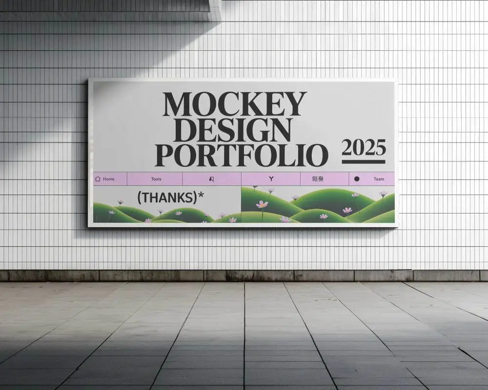 Urban Billboard Mockup On Exterior Tiled Wall With Shadow And Paved Walkway Background 0451
