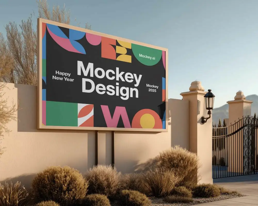 Outdoor Billboard Mockup Wall Mounted In Residential Garden Gated Property 0453