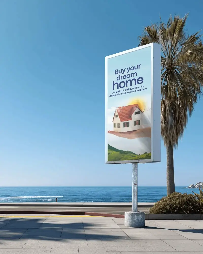 Seaside Advertising Billboard Mockup On Promenade With Ocean View And Palm Tree Background 0454