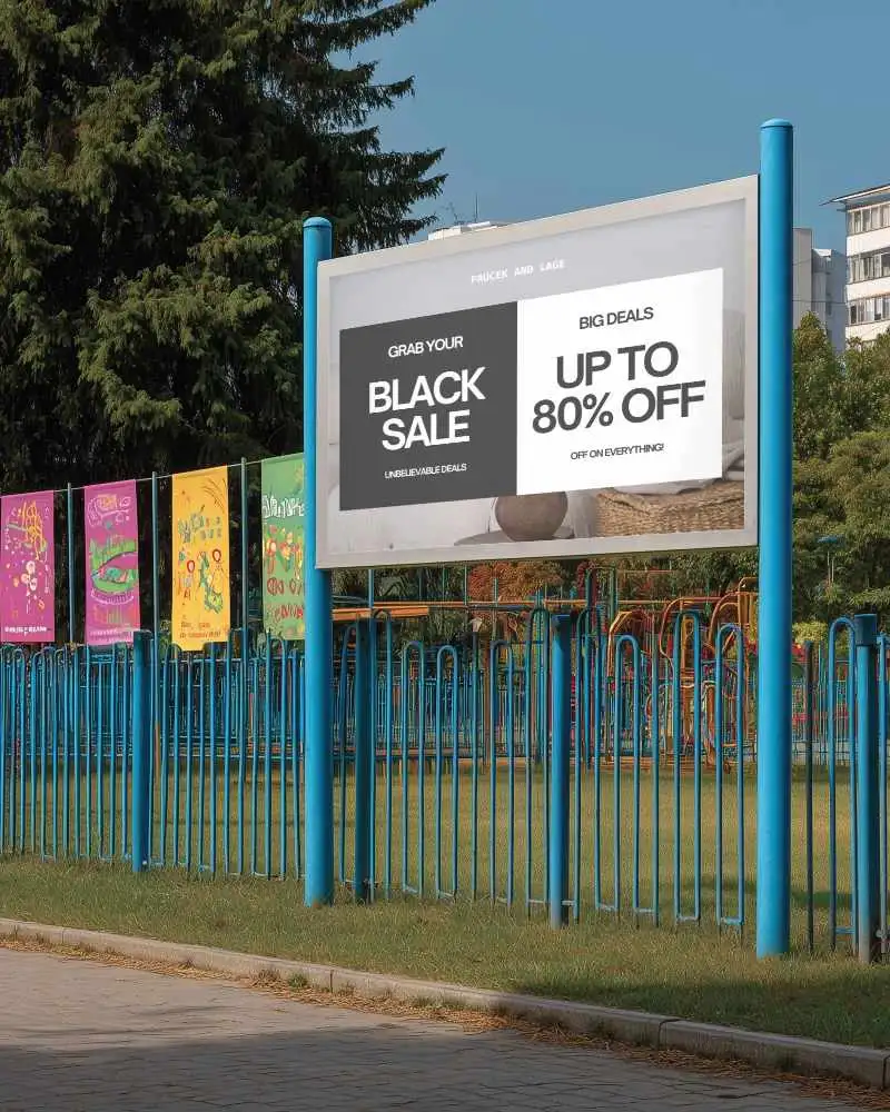 Outdoor Advertising Billboard Mockup On City Street With Fence And Park Background 0455