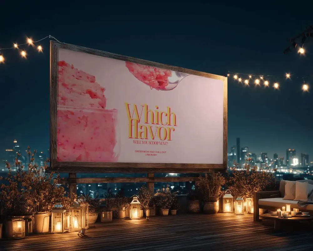 Cozy Rooftop Billboard Mockup Surrounded By Lanterns Plants And Urban City View 0456