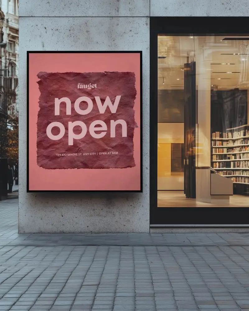 Storefront Billboard Mockup Vertical Ad Display Mounted On Concrete Wall Next To Modern Glass Bookstore At Dusk