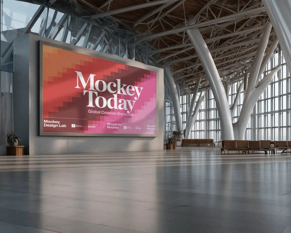 High Resolution Indoor Billboard Mockup In Airport With Natural Lighting And Structure 0463