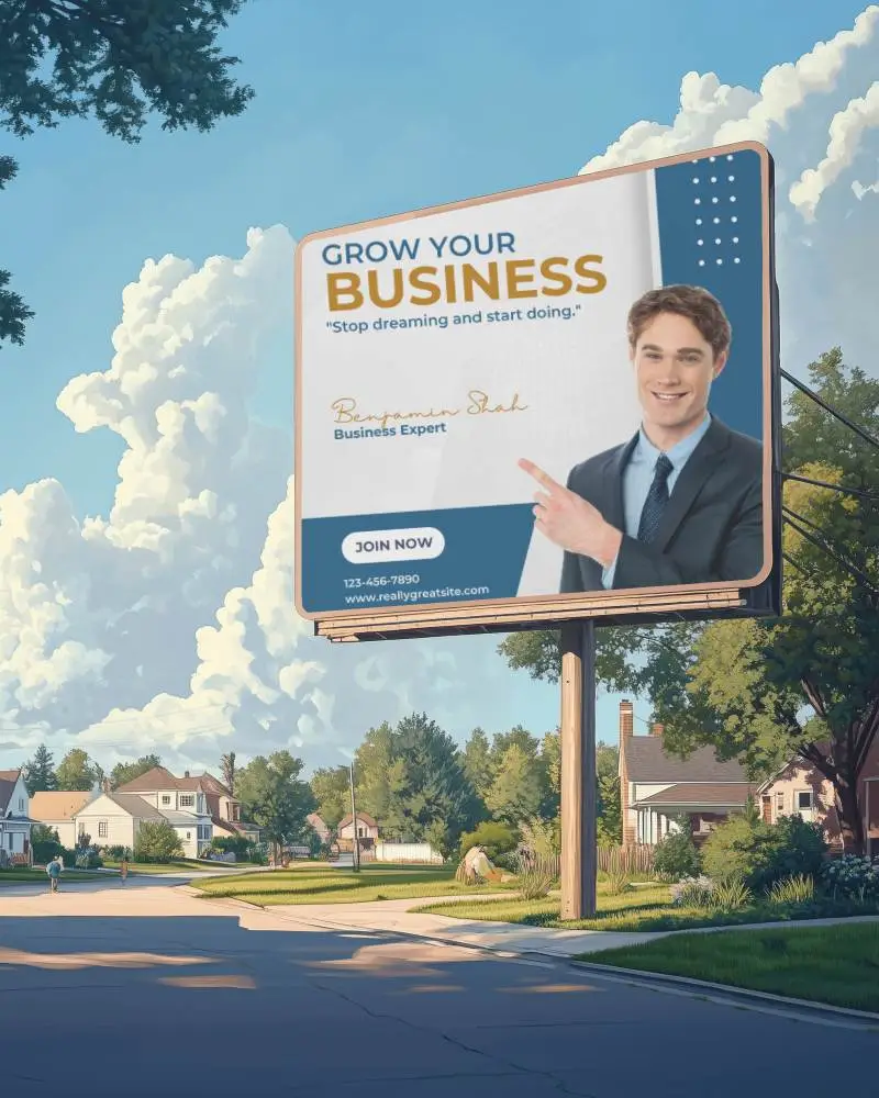 Suburban Street Billboard Mockup Sunny Residential Setting With Trees And Cloudy Skies