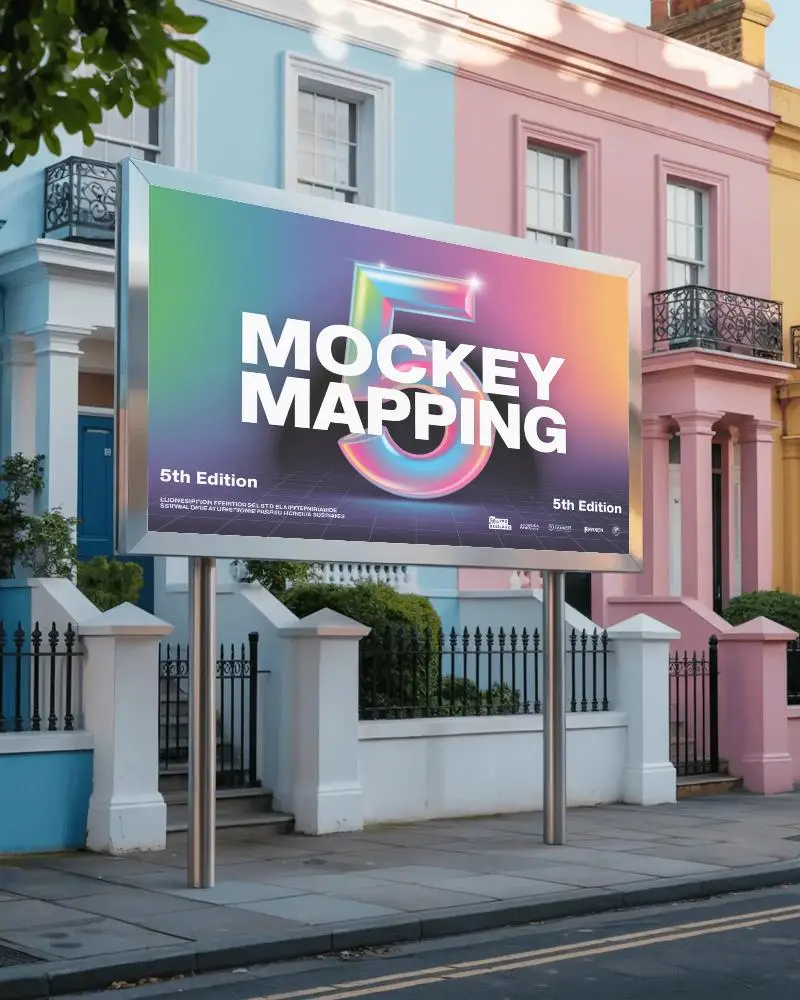 pastel-townhouse-street-horizontal-billboard-mockup-colorful-homes-and-metal-frame-poster-display