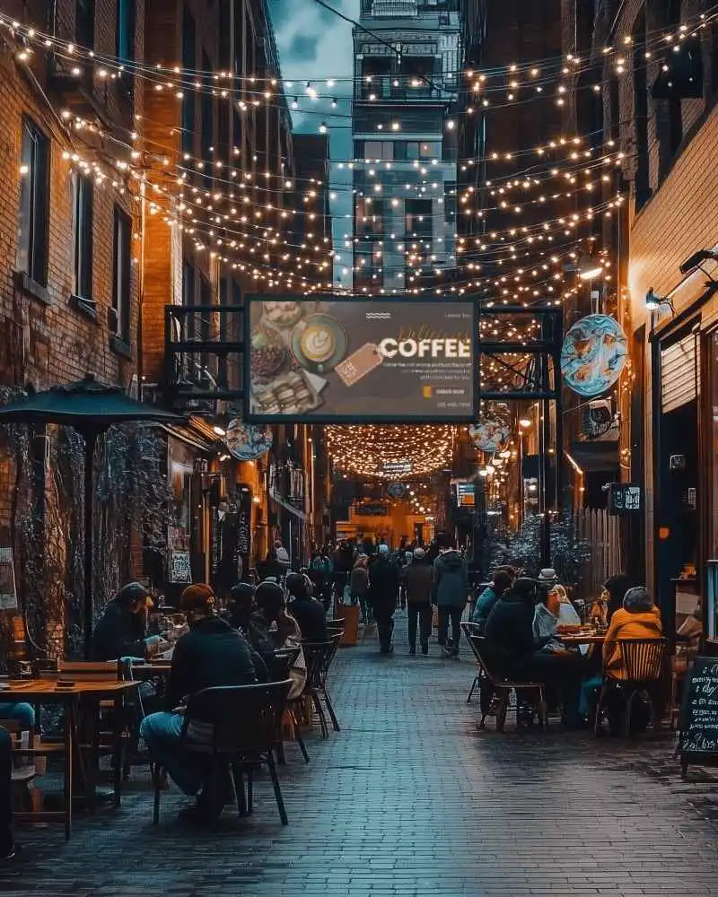 Charming Alleyway Billboard Mockup With String Lights And Urban Nightlife Vibes