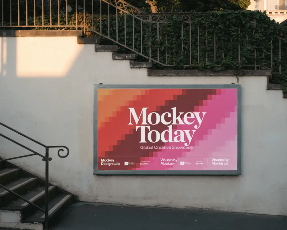 elegant-staircase-horizontal-billboard-mockup-evening-light-on-white-wall-with-iron-railing