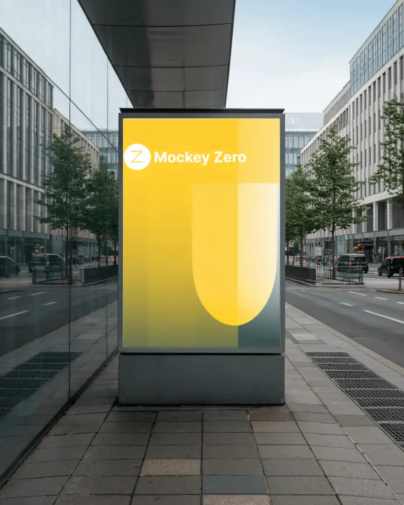 modern-city-vertical-billboard-mockup-on-sidewalk-glass-reflection-and-urban-grid