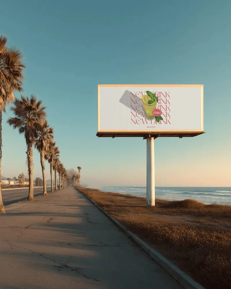 Empty Roadside Billboard Mockup Next To Beachline With Palm Trees And Clear Sky 0506