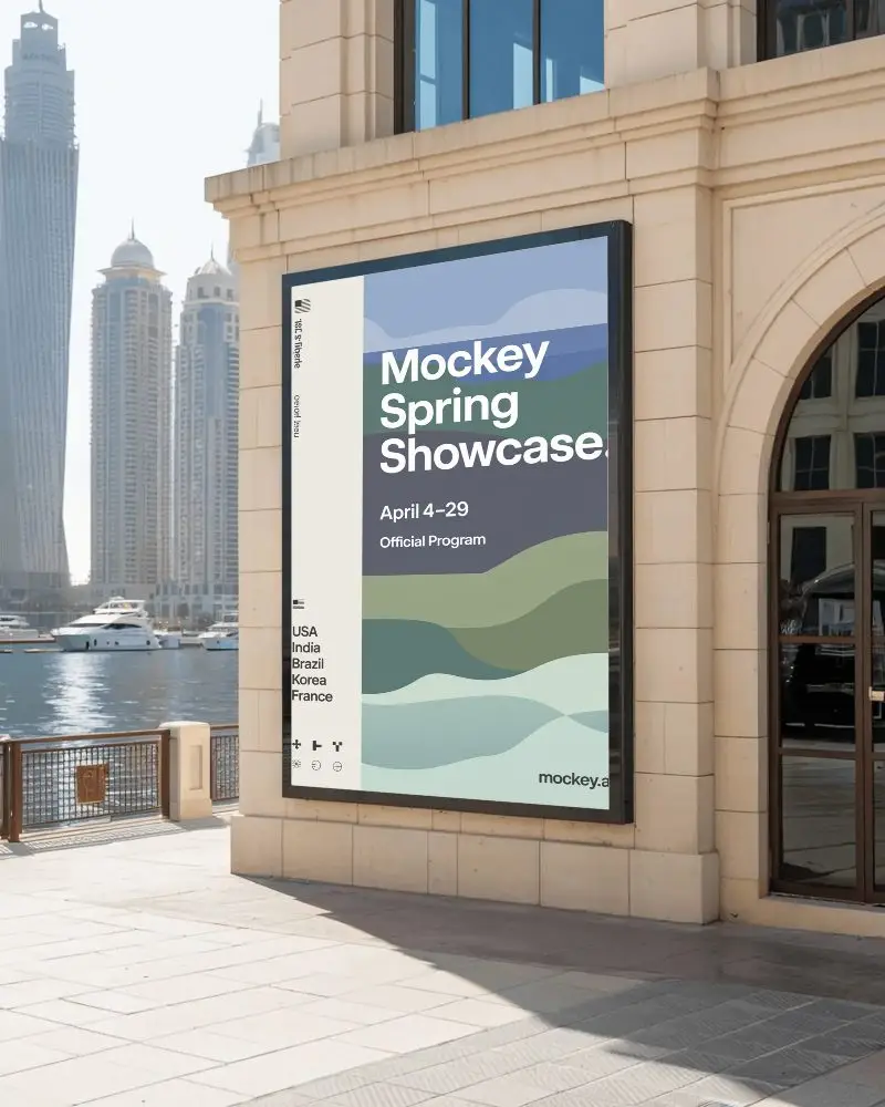 Empty Vertical Billboard Mockup On Stone Wall In Urban Lakefront Commercial Area 0508