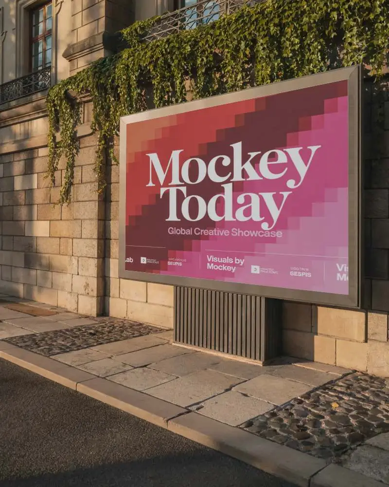 Large Outdoor Billboard Mockup On Pedestal Against Textured Stone Wall With Ivy Vines 0542