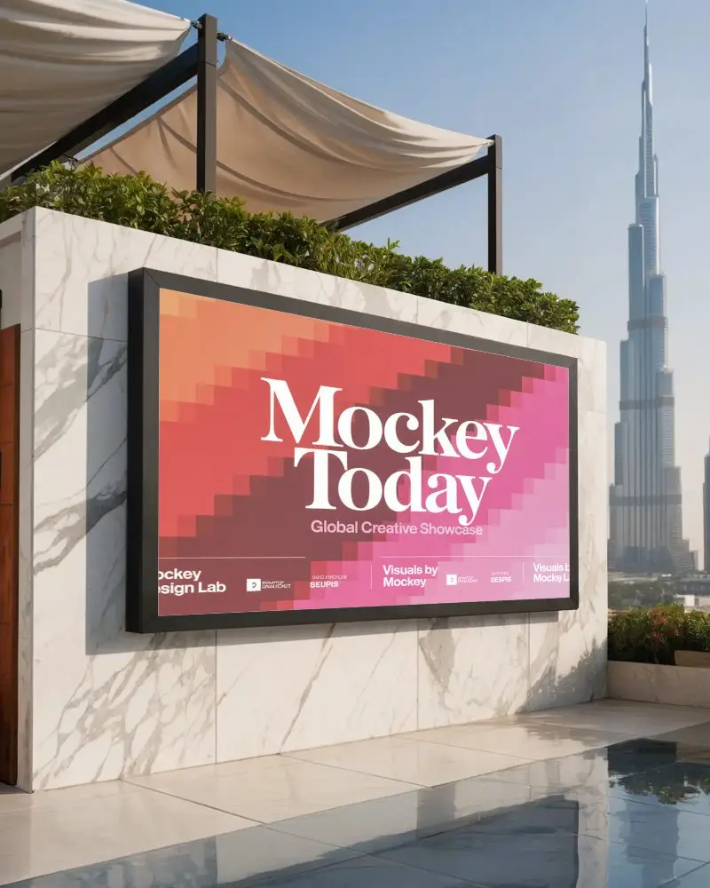 Premium Marble Wall Billboard Mockup With Urban Cityscape Background 0555