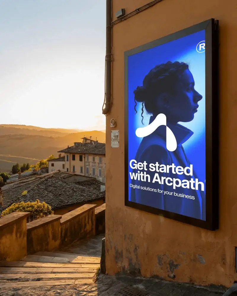 Sunset Street Billboard Mockup On Building Wall Overlooking Scenic Town Hillside