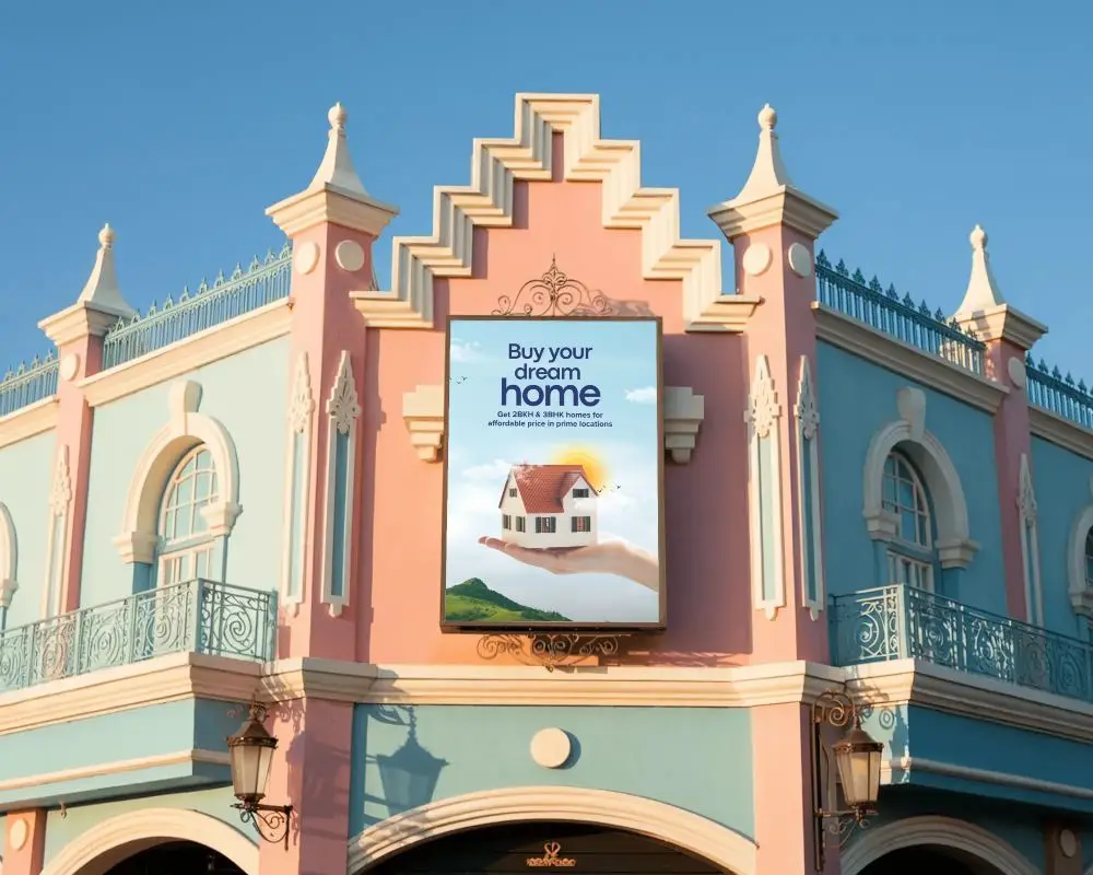 classic-architectural-facade-with-ornate-billboard-mockup-isolated-on-clear-sky-background