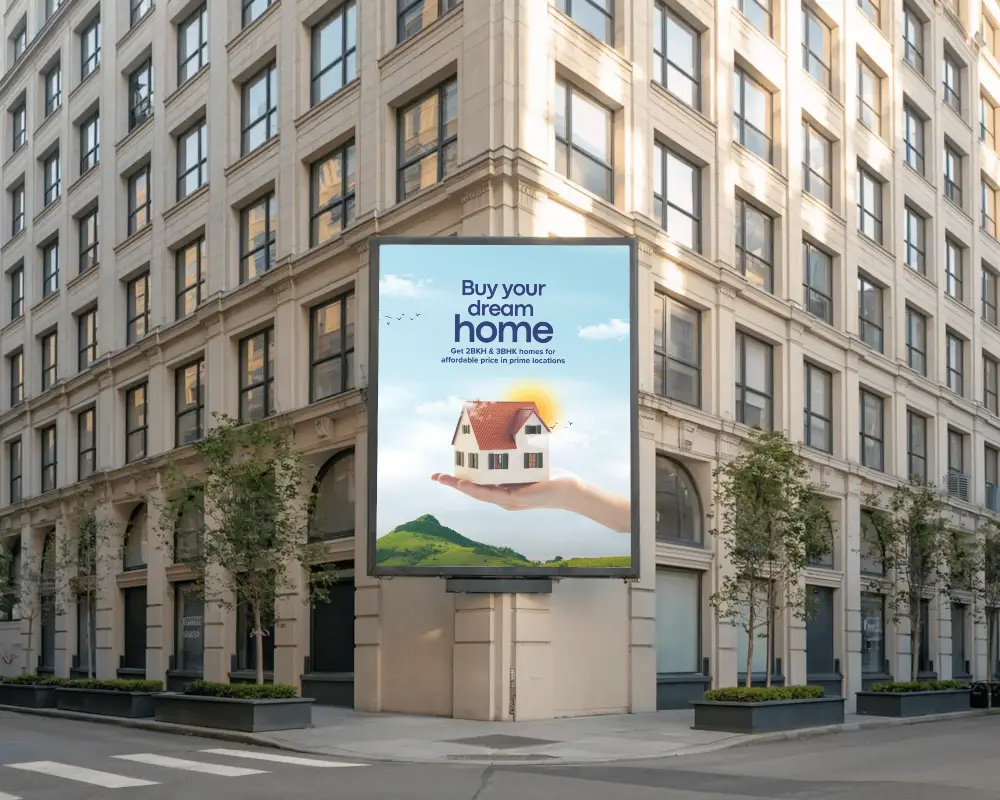 Large Billboard Mockup Mounted On City Building At Busy Intersection For Promotion