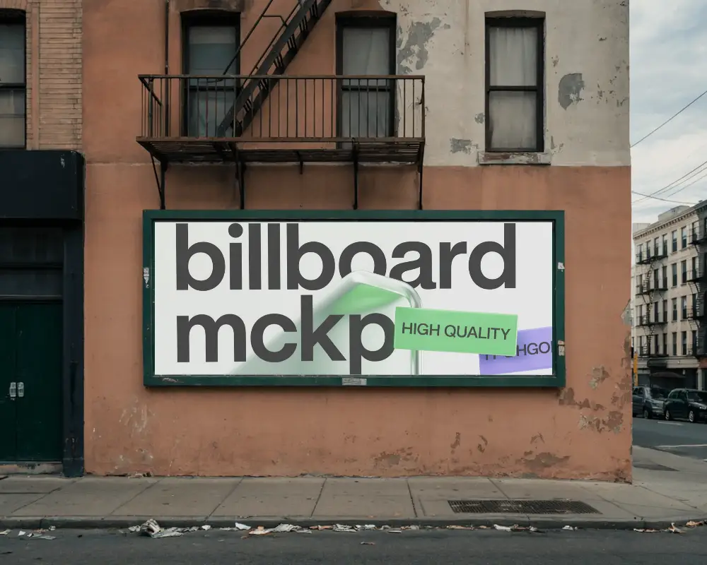 Large Horizontal Billboard Mockup Mounted On Urban Building Facade For Ads
