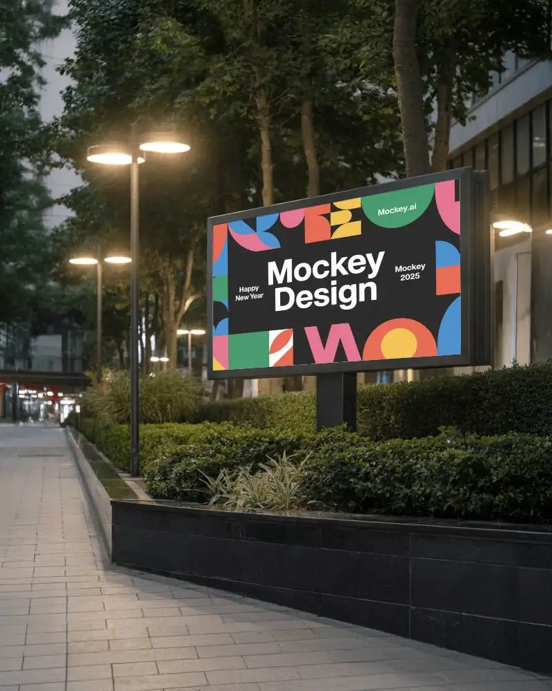 Modern Urban Billboard Mockup Blank Horizontal Display In City Park Setting At Dusk