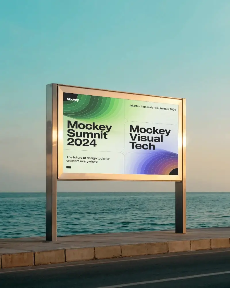 Seaside Billboard Mockup Horizontal Display On Coastal Road With Ocean View