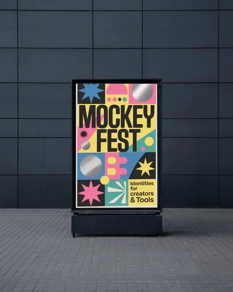 Modern Minimal Billboard Mockup Vertical Display Against Dark Tiled Building Wall