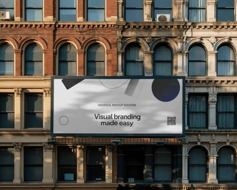 Billboard Mockup Mounted On Classic Architecture Wall In Busy Urban District