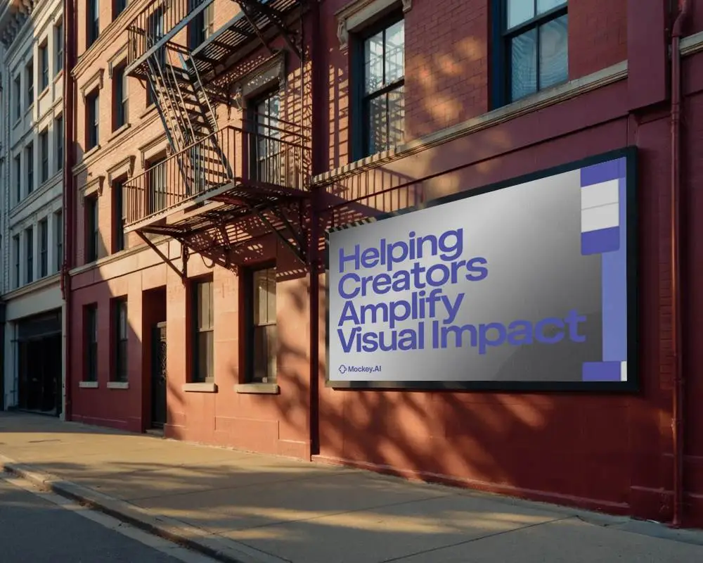 Urban Billboard Mockup On Red Brick Building Wall With Fire Escape In City Street