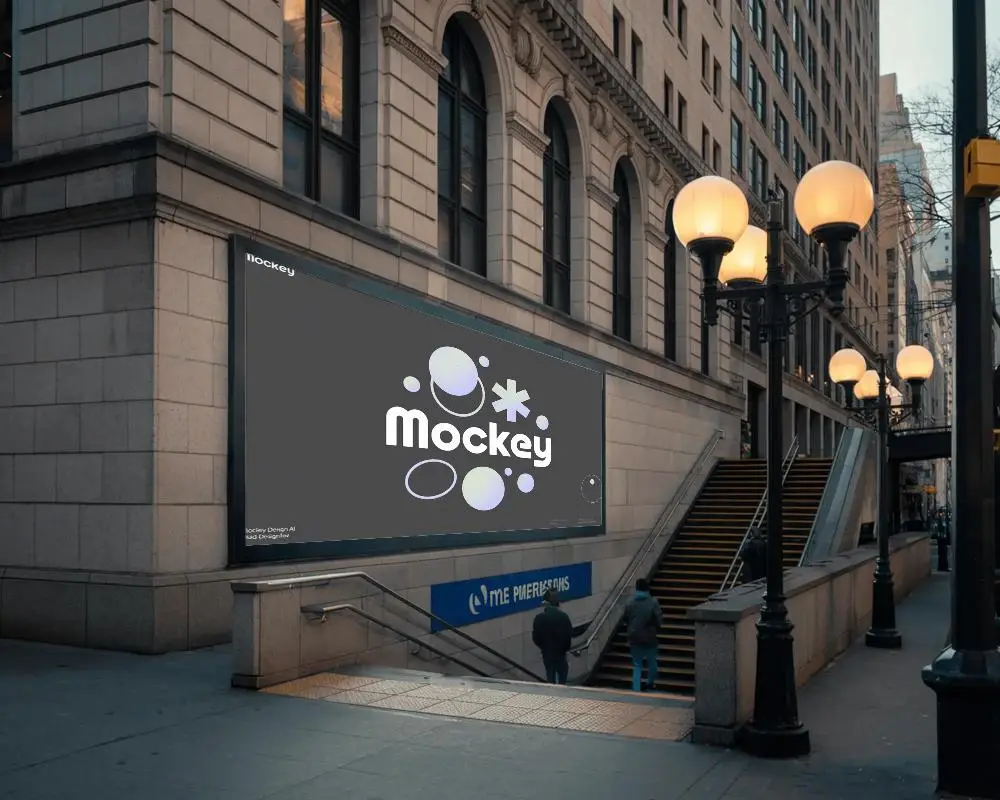 City Street Billboard Mockup On Stone Building Wall Above Subway Entrance