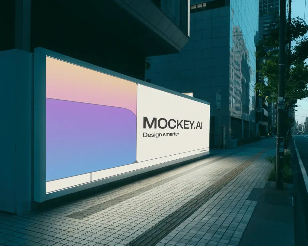 Modern Billboard Mockup Glowing At Night On Urban City Street With Reflective Glass Buildings