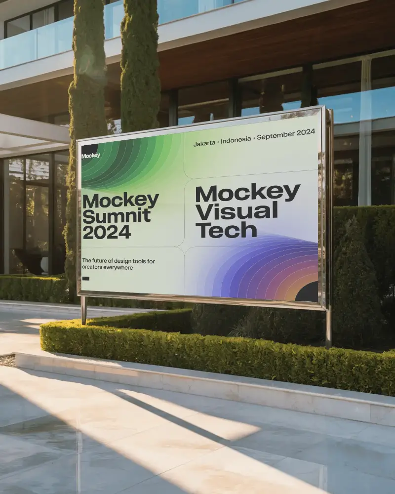 Luxury Billboard Mockup Outdoor Display In Garden Area Of Modern Villa With Sunlight And Trees