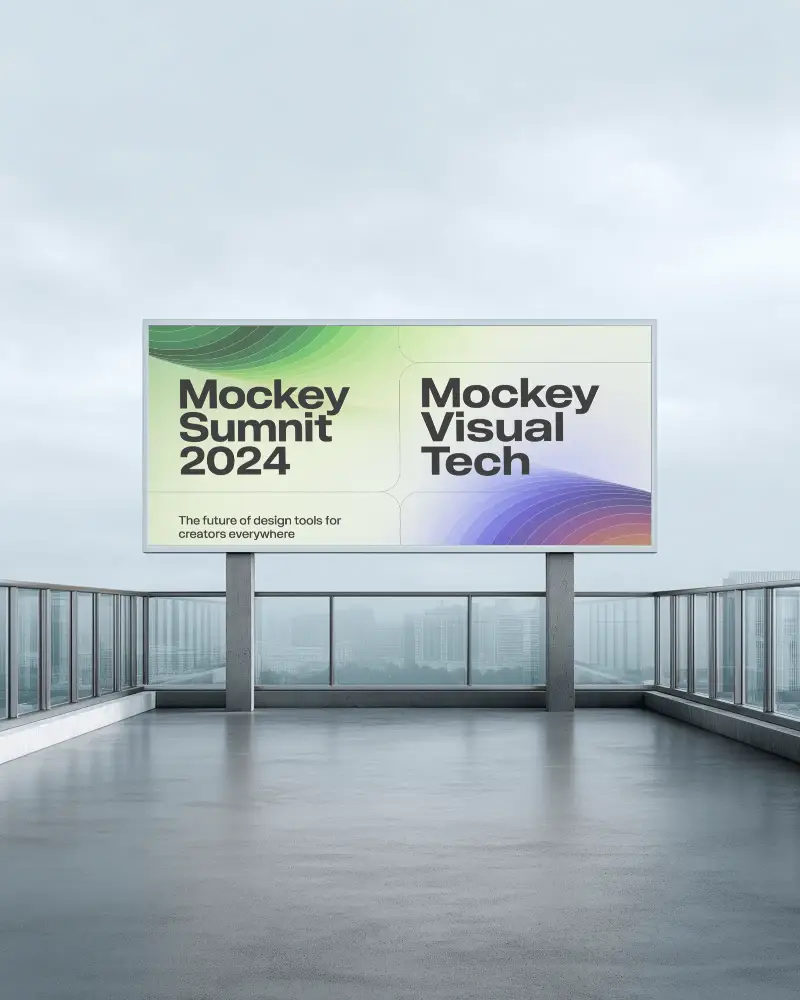 Minimal Billboard Mockup On Rooftop Terrace With City Skyline View Under Overcast Sky Background