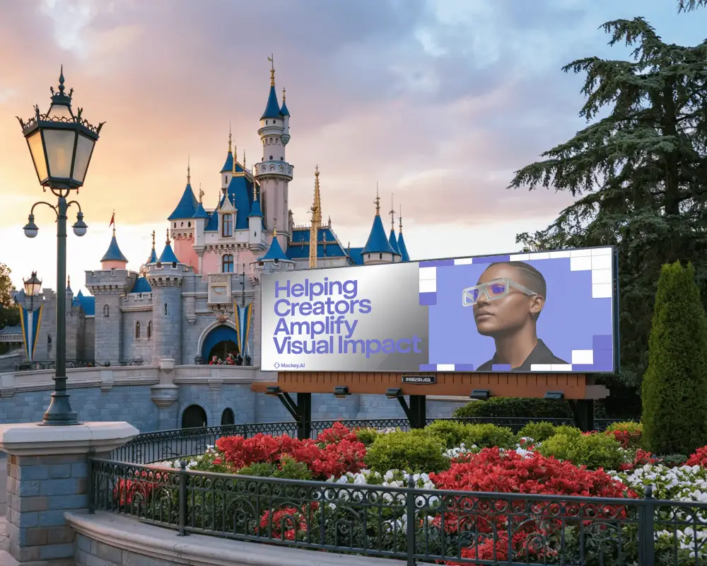 Fantasy Themed Billboard Mockup In Front Of Castle With Garden Flowers During Magical Sunset