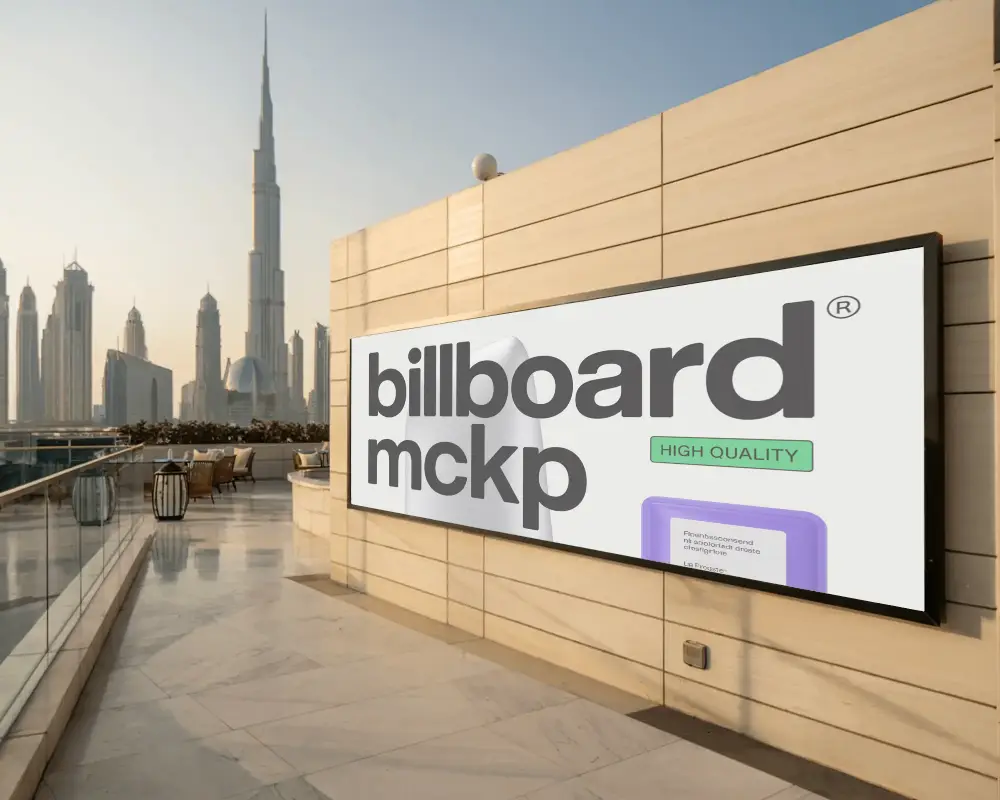 Premium Billboard Mockup On Terrace With Dubai Burj Khalifa View In Modern Sunset Cityscape