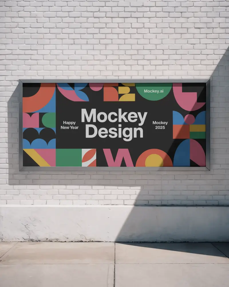 Clean Billboard Mockup Mounted On White Brick Wall With Angled Shadows In Minimal Street View