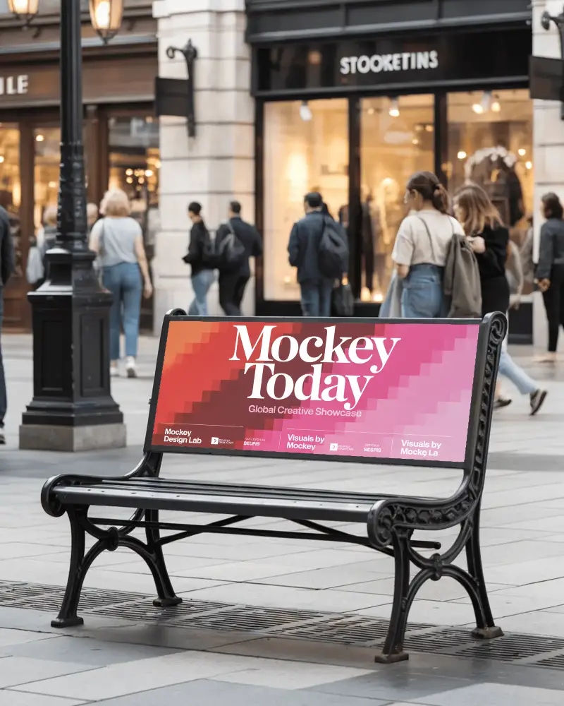 Urban Bench Billboard Mockup In Busy Shopping Street With Pedestrians And Storefront Background
