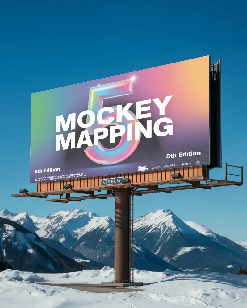 Large Blank Billboard Mockup In Mountain Snowy Landscape Clear Sky Ideal For Advertising