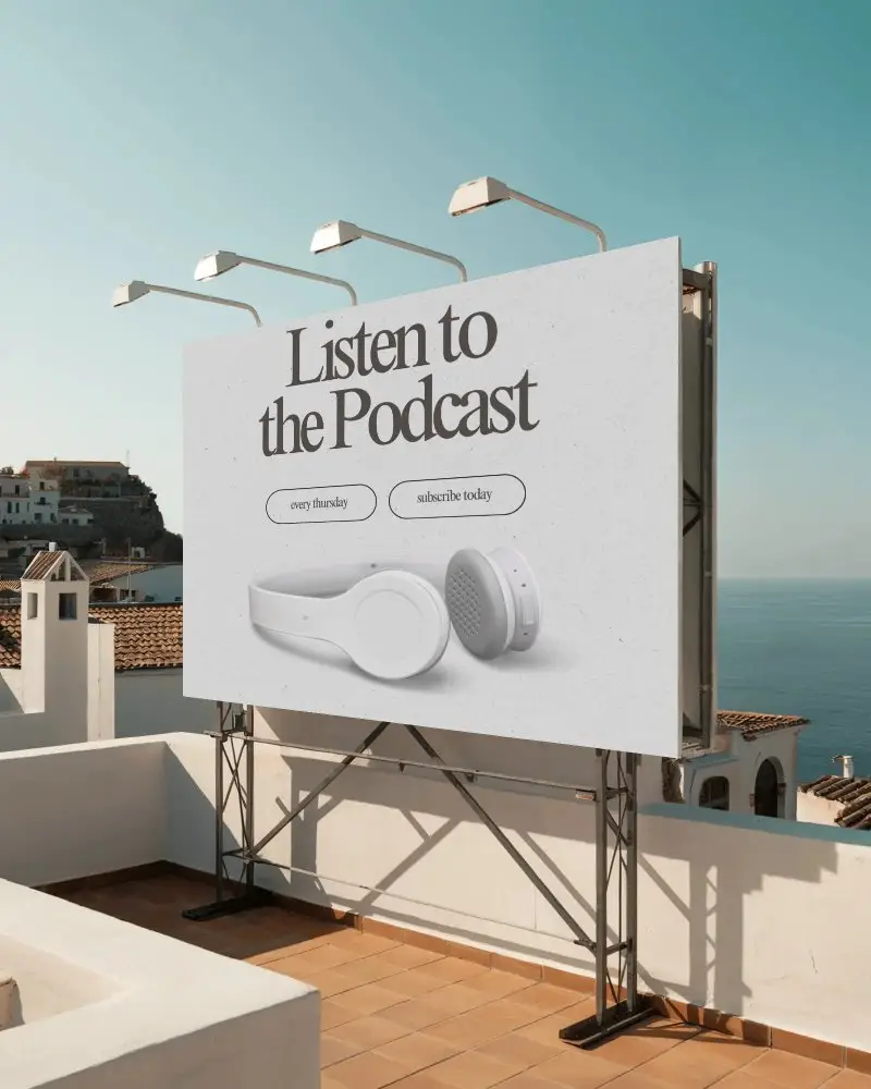 Rooftop Billboard Mockup With Lights Overlooking Seaside Village Summer Sunset