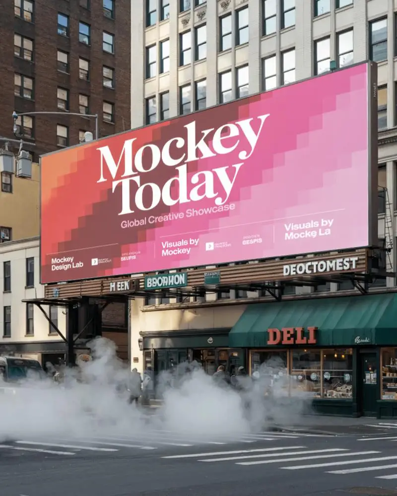 Blank Urban Billboard Mockup Over Busy City Crosswalk With Steam Effect Background