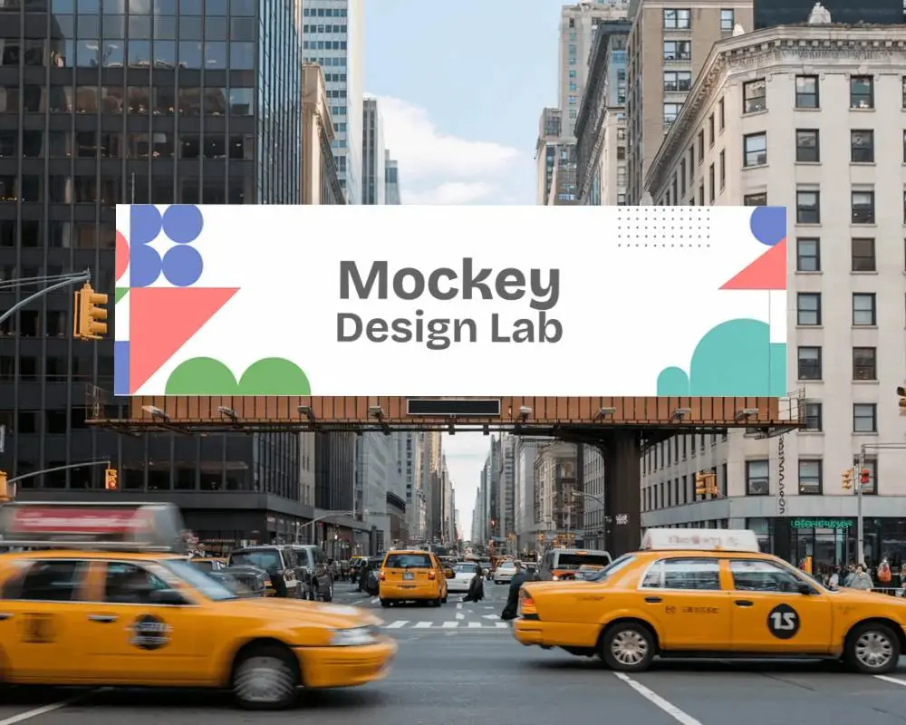 Blank Large Billboard Mockup On Urban Street With Moving Yellow Taxis And Modern Highrises