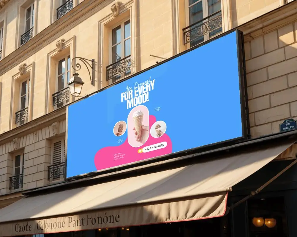 City Storefront Showing Wide Blank Billboard Mockup Ready For Promotion Insertion