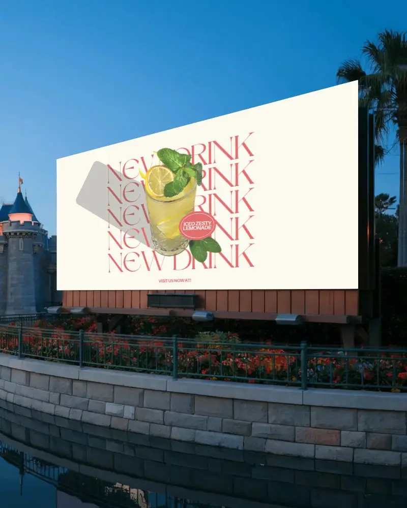Outdoor Urban Billboard Advertisement Mockup Close Up Evening Scene Water Reflection