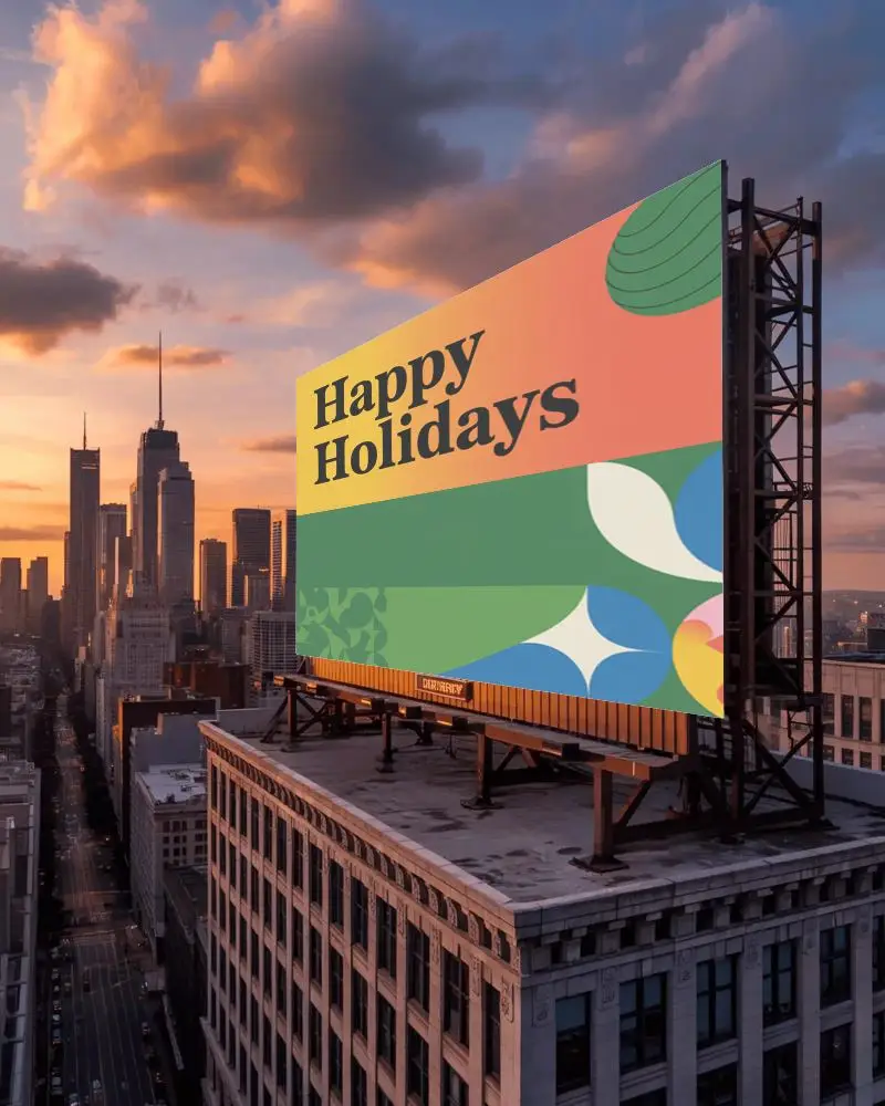 Rooftop Large Billboard Mockup Urban Cityscape Sunset Background Blank Advertising Space