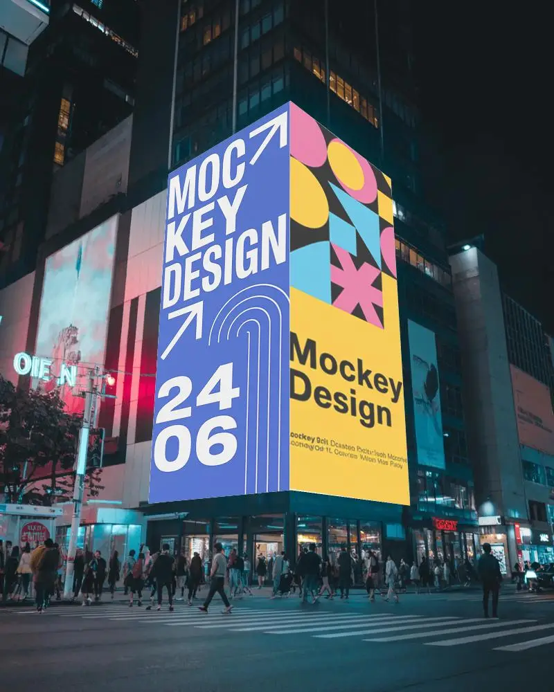 High Traffic Urban Street Large Blank Billboard Advertisement Mockup Night