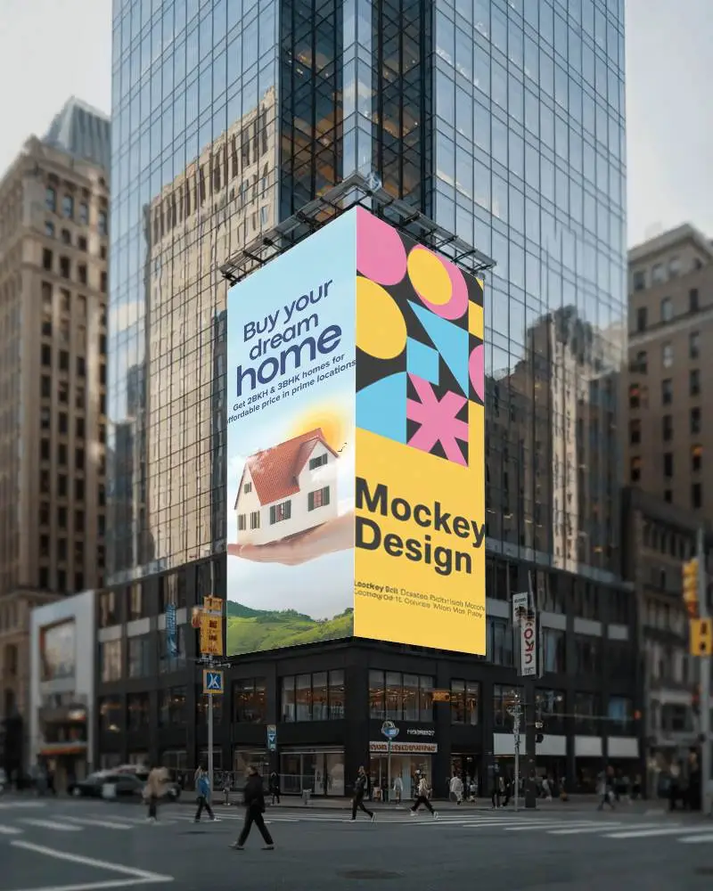 Large Blank Billboard Mockup Cityscape Urban Pedestrian Crossing Advertising Space