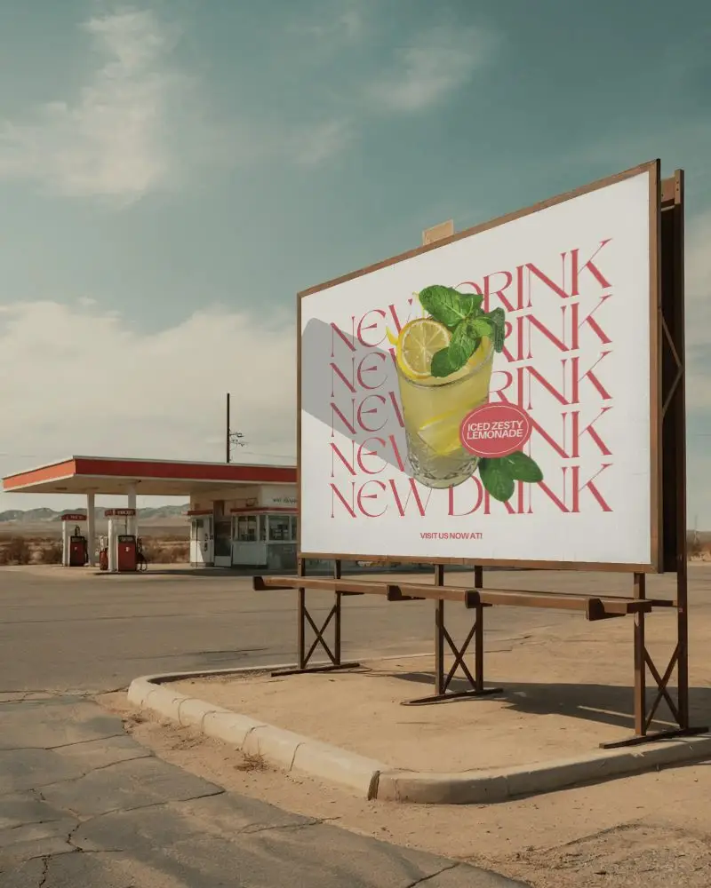 Outdoor Roadside Billboard Mockup Advertising Space With Vintage Gas Station Background