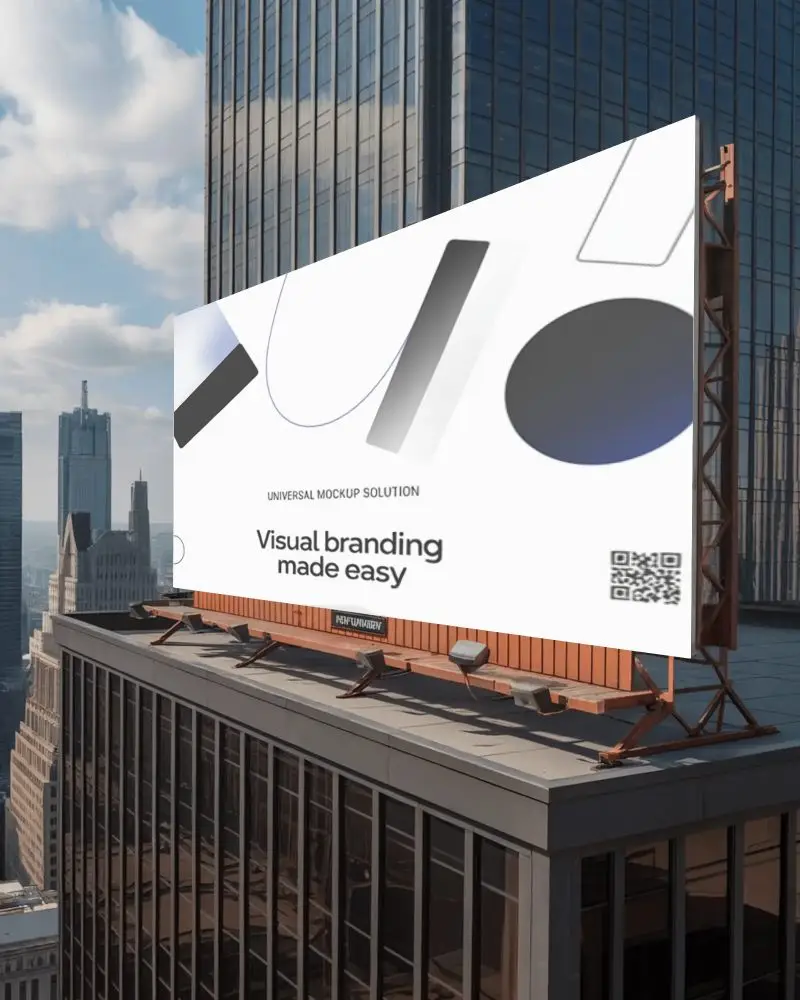 Large Empty Billboard Mockup Display On Tall Building Top In Metropolitan City Skyline Scene