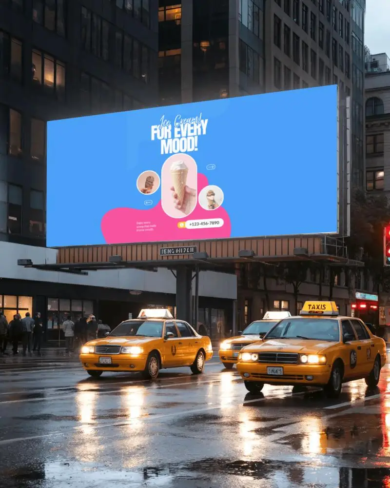 Large Blank Billboard Mockup Overbusy Urban Street With Yellow Taxi Cabs Rain Reflections Evening