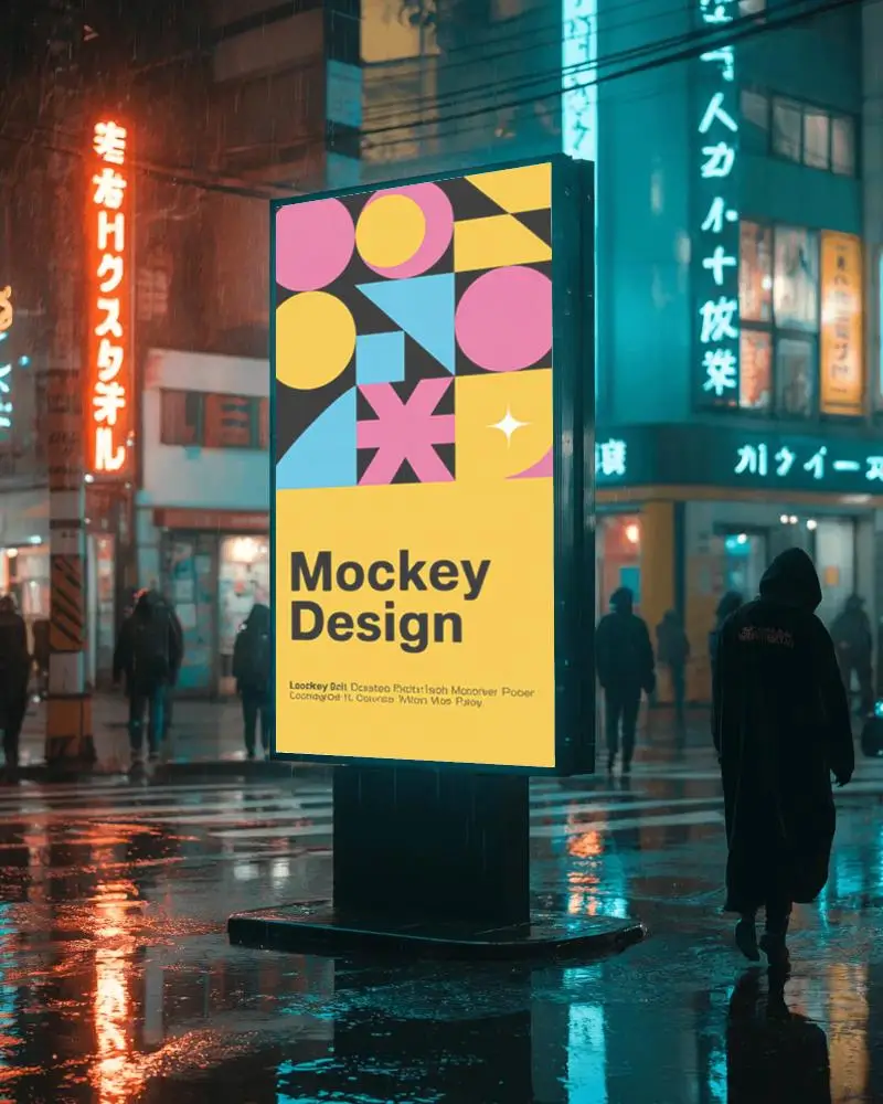 Rain Soaked City Street Urban Billboard Mockup For Nighttime Advertising Design