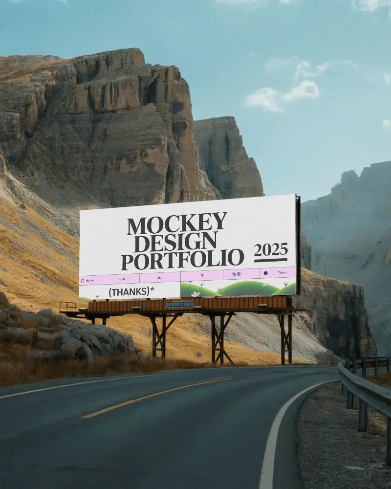 Empty Advertisement Billboard Mockup Standing On Desolate Road Surrounded By Rocky Mountain