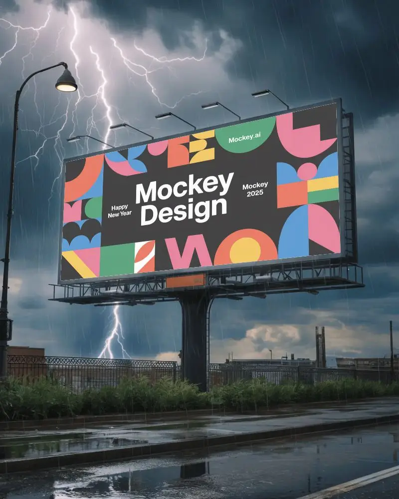 Stormy Weather Billboard Mockup Highway Lightning Rainy Day Urban Landscape