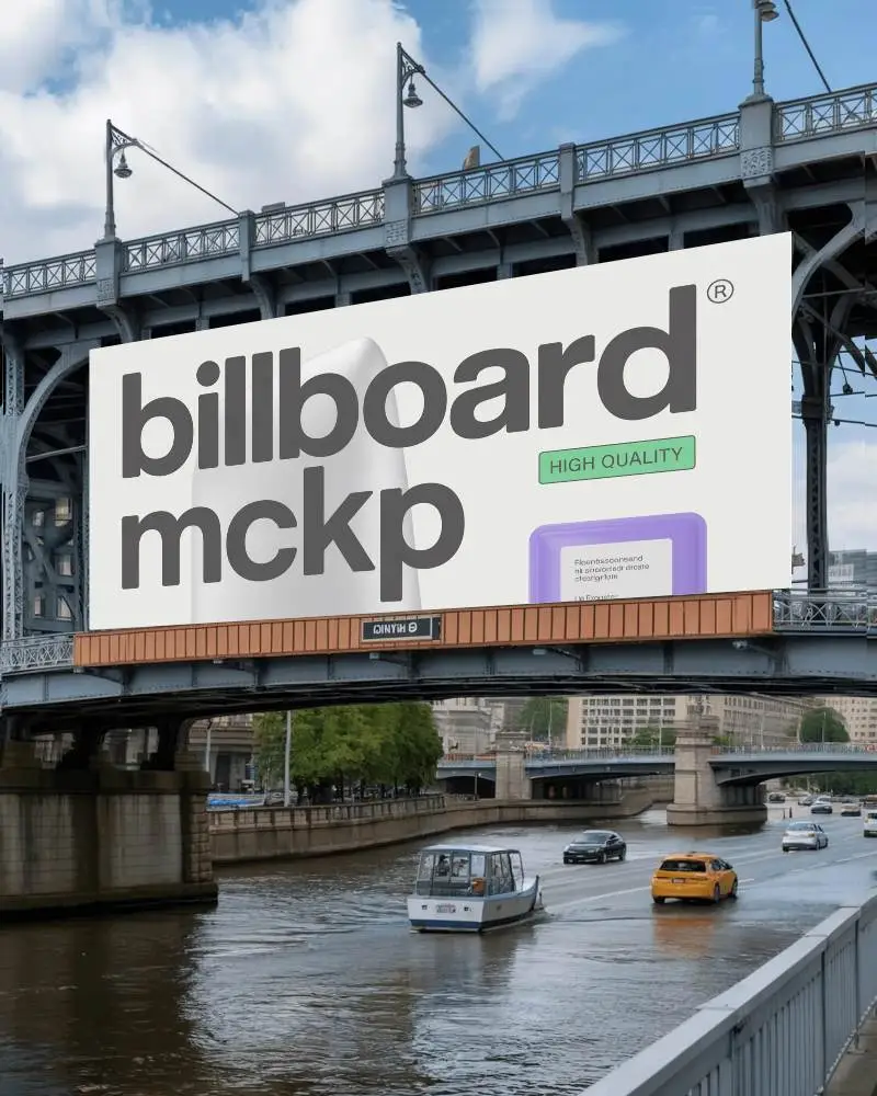 Blank Billboard Mockup On City Bridge Over River With Boats And Cars In Urban Environment